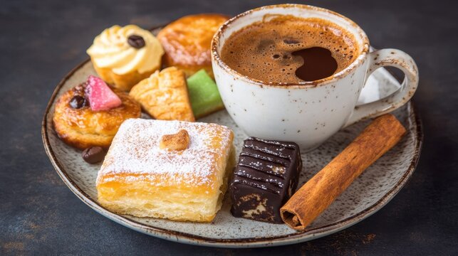 Rustic coffee mug on a ceramic plate with assorted pastries and a cinnamon stick - Powered by Adobe