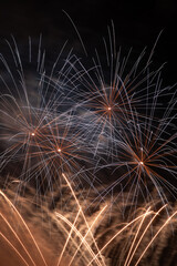 Obraz premium A fireworks display with white sparks shooting into the sky. The fireworks are lit up in the dark, creating a beautiful and festive atmosphere