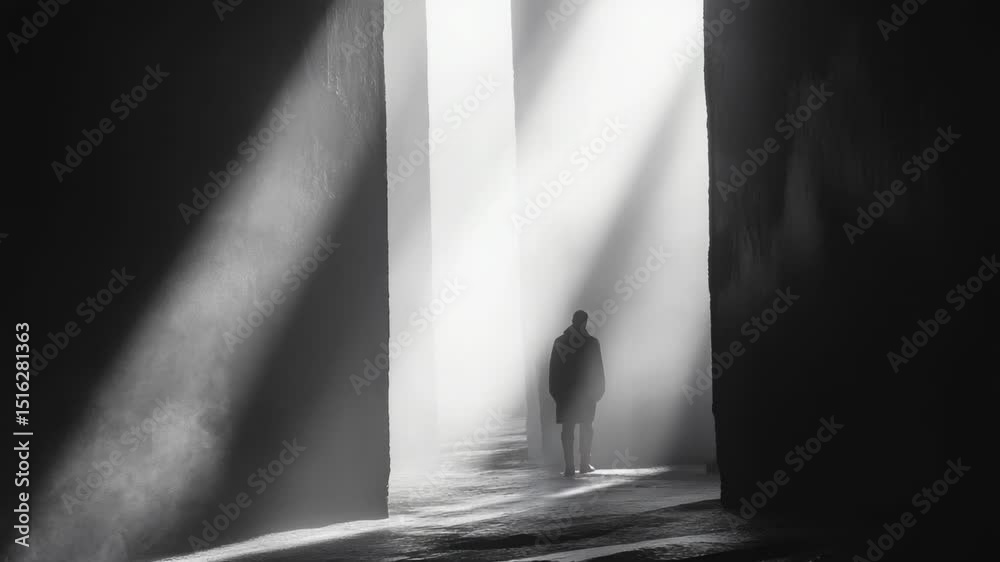 Poster a person stands in a dimly lit room, illuminated by light streaming through the windows