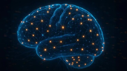 A detailed visualization of a human brain depicted as a glowing blue neural network with interconnecting digital nodes, illustrating complex pathways and cognitive functions. - Powered by Adobe