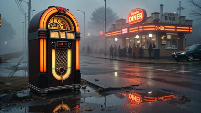 Vintage jukebox glowing near neon-lit diner in foggy evening street with wet pavement and distant silhouettes. Concept of retro nostalgia and nighttime Americana