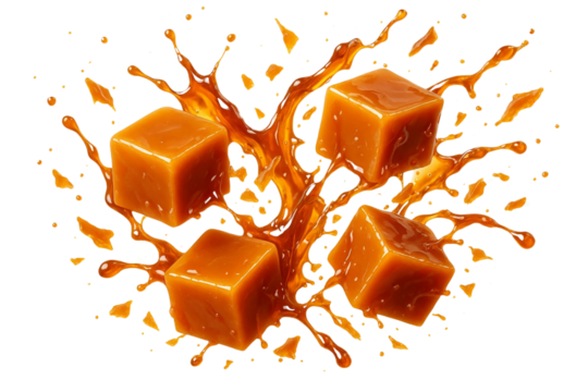 Caramel cubes splashing sweet treat isolated on transparent background