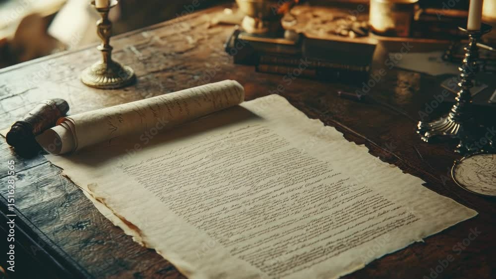 Poster A scroll of paper sitting on a table, a simple yet elegant setup