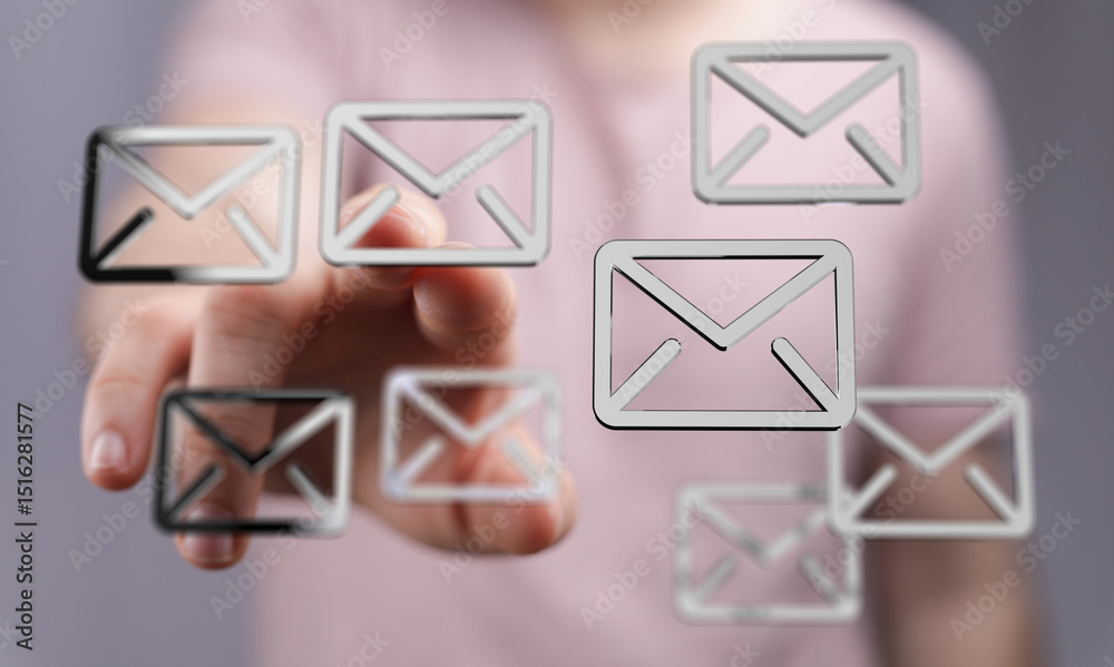Poster Hand interacts with floating email icons, showcasing digital inbox management and email organization.