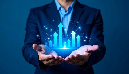 Businessman Holding Growth Arrows.