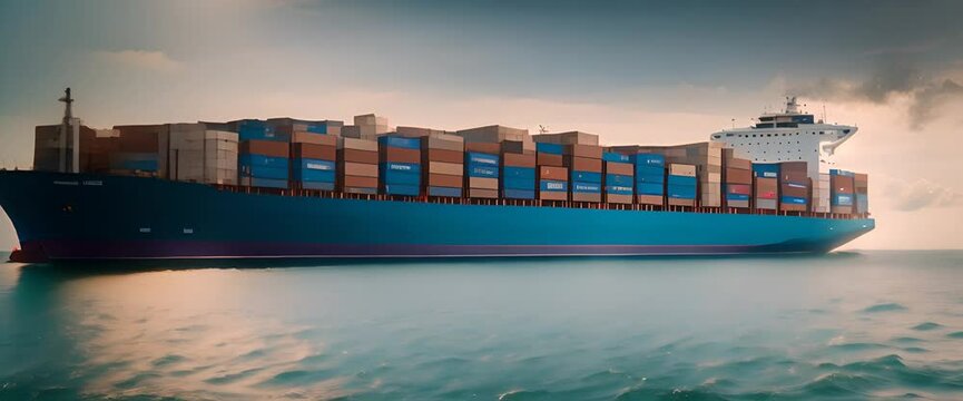 A colossal cargo ship sails through a shimmering blue ocean, its deck stacked high with colorful containers 1