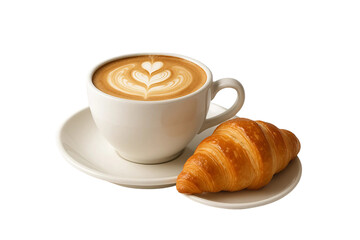 Latte art coffee with croissant isolated on transparent background