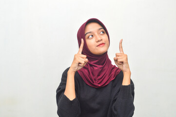 Asian girl wearing a heads carf or hijab maroon in black knit dress isolated on white background