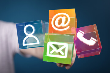 Hand holding colorful contact icons.  Easy ways to reach us!