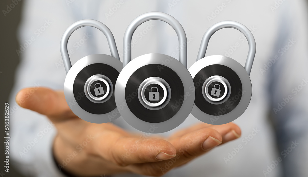 Aufkleber image of three padlocks in a hand, symbolizing data security and protection.