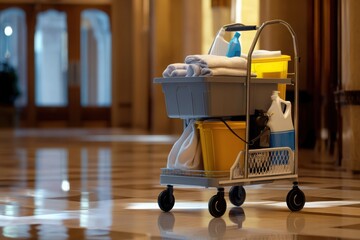 Fototapeta premium Cleaning cart with supplies indoors on a white background