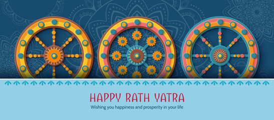Indian festival Rath Yatra. Festive paper cut style banner with decorative patterned wheels