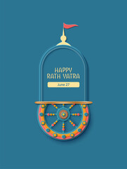 Jagannath Puri Rath Yatra banner. Traditional festive chariot in paper cut style