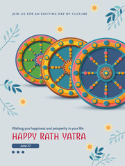 Jagannath Puri Rath Yatra. Festive paper cut style banner with decorative patterned wheels
