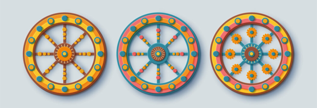Indian festival Rath Yatra. Set of decorative patterned wheels. Festive paper cut style banner