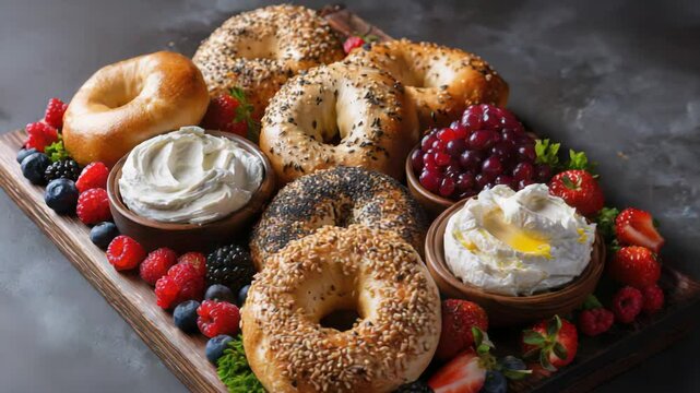 Assorted variety of fresh baked bagels with cream cheese and fruit berries on a wooden serving board for breakfast or snack scene