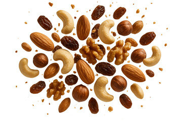 Obraz premium Assorted nuts and raisins isolated on transparent background