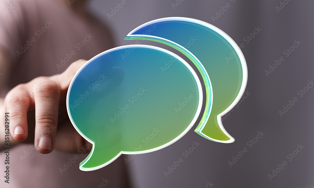 Poster Abstract image of a hand interacting with digital speech bubbles, symbolizing communication and connection.