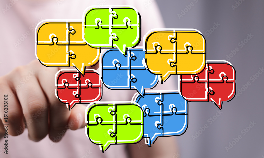 Poster Abstract image of puzzle pieces in speech bubbles, representing communication and collaboration.