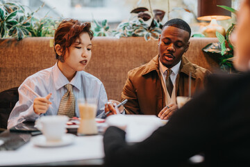 Colleagues engaged in a focus-driven professional conversation, sharing ideas and analyzing information during a business meeting in a cafe setting, fostering collaboration and teamwork.