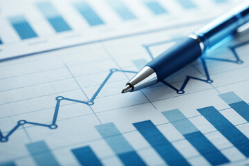 Close-up of blue pen resting on financial line and bar graphs, clean and professional scene with shallow depth of field and cool tones

