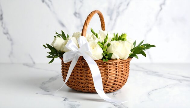 White roses in wicker basket.