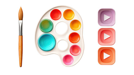 Fototapeta premium Paint palette filled with vibrant colors, paintbrush, and play buttons representing engaging and colorful content for artistic expression in digital media on a transparent background