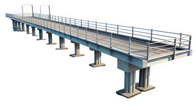 A modern concrete pier extending over calm waters, featuring a sleek design with railings and a wide walkway, ideal for leisure and scenic views.