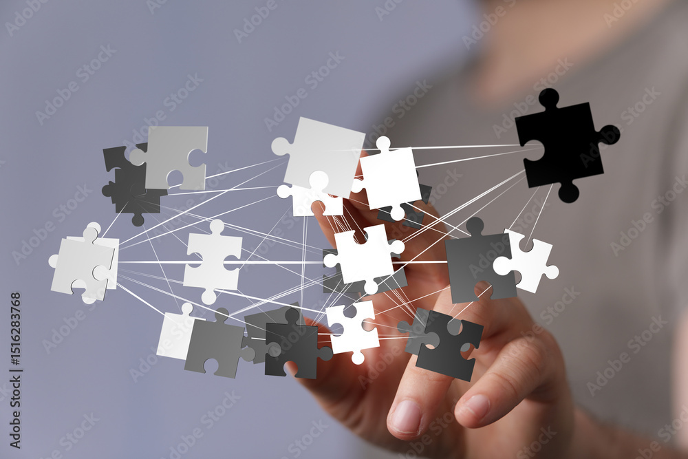 Poster Abstract image of puzzle pieces interconnected, symbolizing teamwork, collaboration, and problem-solving.