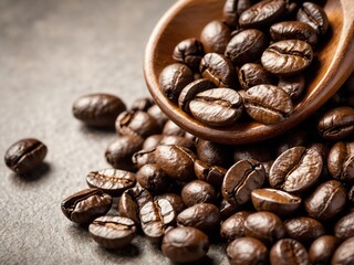 Naklejka premium Close-up of roasted coffee beans spilling from a wooden spoon onto a dark surface
