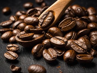 Close-up of roasted coffee beans spilling from a wooden spoon onto a dark surface