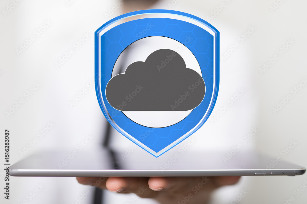 Poster image of a person holding a tablet showcasing secure cloud data protection.