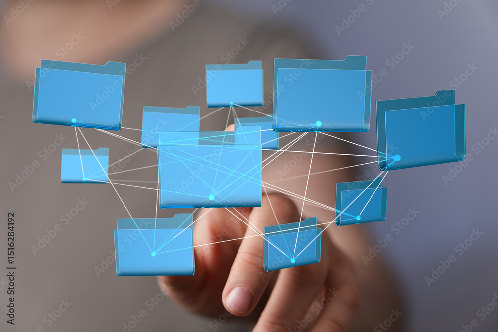 Poster Interconnected files and folders representing data management and cloud storage.