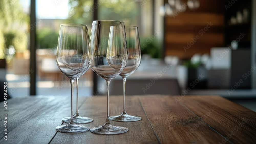 Aufkleber Two empty wine glasses on a wooden table, perfect for setting the scene or emphasizing the importance of empty space