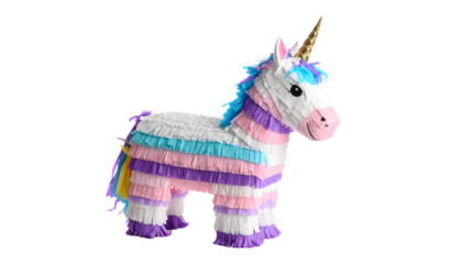 A colorful unicorn pinata with transparent background stands ready for a celebration, perfect for parties