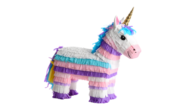 A colorful unicorn pinata with transparent background stands ready for a celebration, perfect for parties - Powered by Adobe