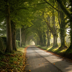 quiet village lane flanked by tall trees