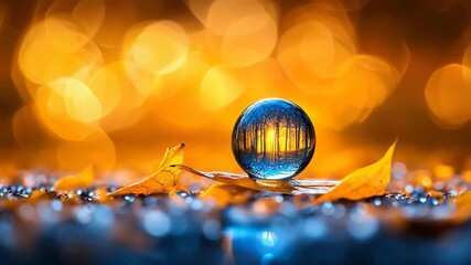 Crystal ball reflecting autumn forest scene fallen leaves with dreamy golden bokeh, magical tranquil atmosphere, water droplets, and orange light, capturing magical, dreamy, tranquil, and reflective - Powered by Adobe