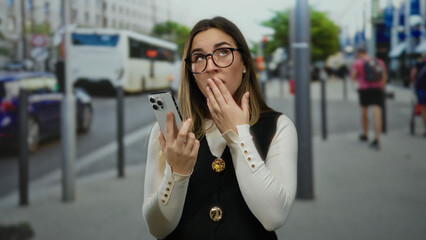 Fototapeta premium Young woman with smartphone looks confused on a city street surrounded by traffic and pedestrians during daylight.