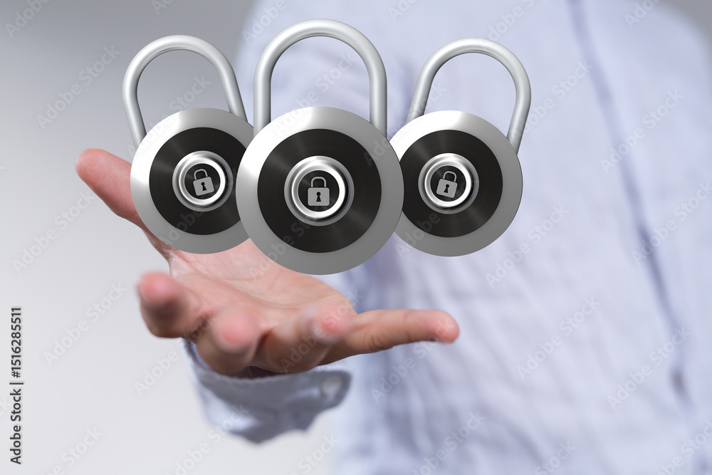 Poster Secure your data with robust encryption.  Image shows three padlocks on a hand, symbolizing strong protection.