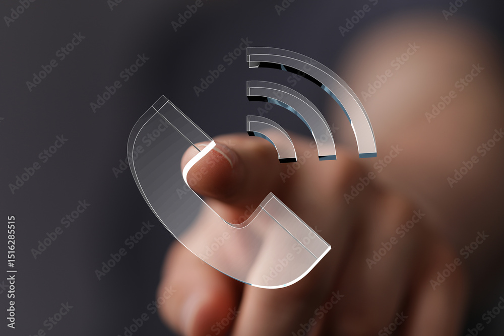 Poster abstract image of a hand interacting with a glass phone icon and wifi signal. perfect for communicat