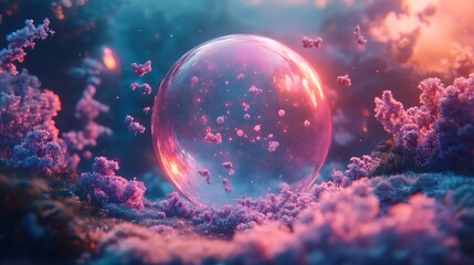 Fototapeta premium Surreal Dreamscape: Luminous Orb Amidst Floral Clouds at Twilight's Embrace