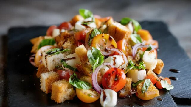 Freshly prepared colorful vegetable and bread crouton salad with cherry tomatoes, greens, and creamy dressing served on a dark slate plate for vibrant presentation