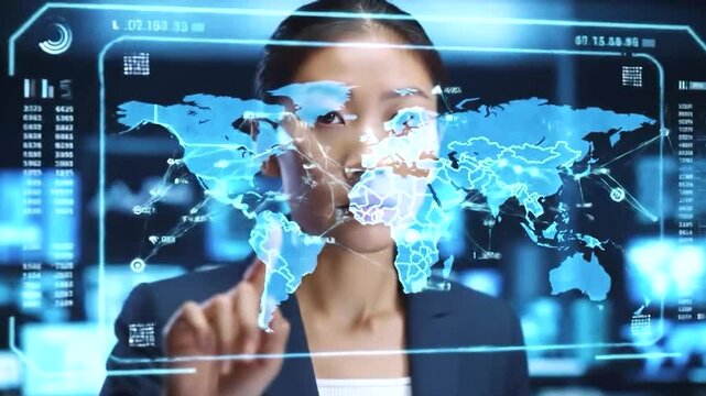 business woman pushing a button on touch screen