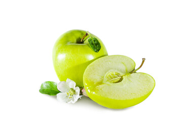 Green juicy whole and sliced ​​apples with flowers and leaves. Isolated on white.