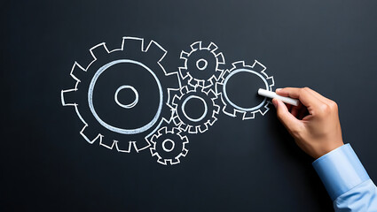 Hand sketching interlocking gears on a black chalkboard surface conceptualizing business process and teamwork collaboration ideas