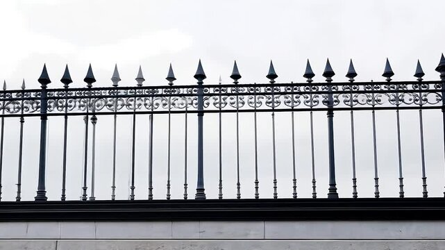 Ornate black metal fence against a pale sky