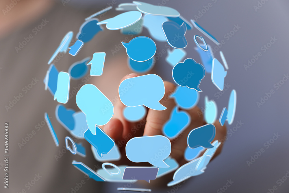 Poster a vibrant sphere of interconnected speech bubbles symbolizes global communication and digital intera