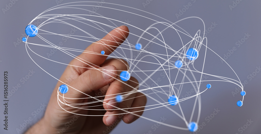 Fototapete Abstract image of a hand interacting with a complex network of interconnected nodes, representing global connectivity and data flow.