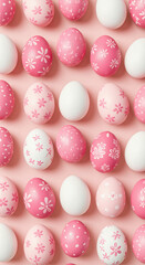 Arrangement of Decorated Eggs on Pink Background